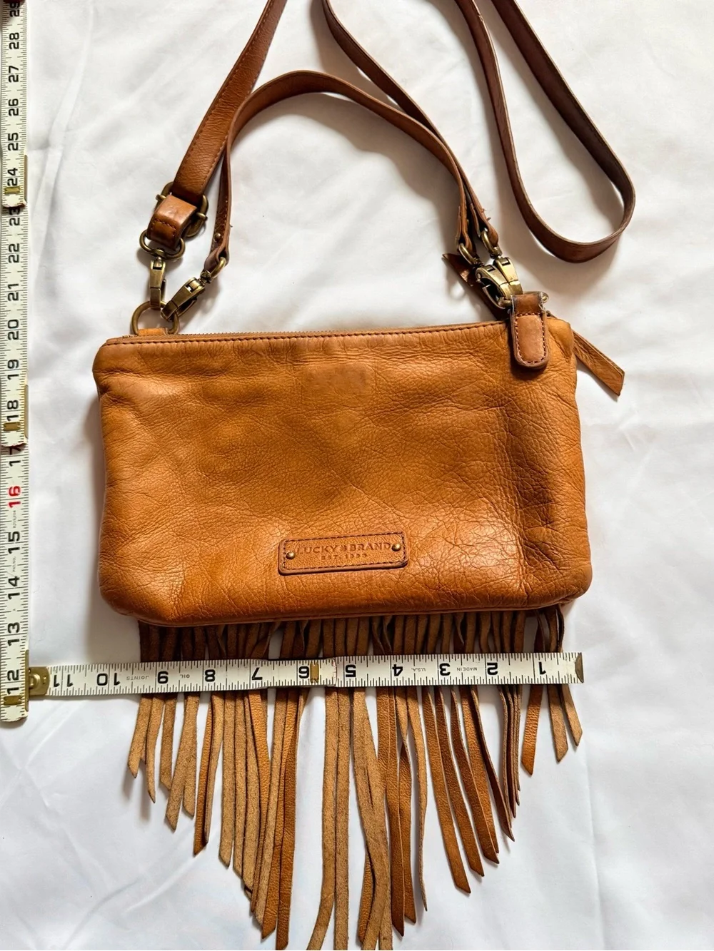 Lucky Brand Cognac Tan Leather Fringe Crossbody Bag Convertible Clutch Festival
